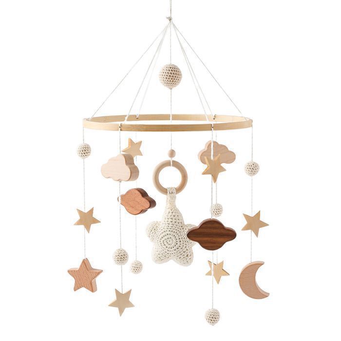Móvil para cuna - BRAKORERS - con estrellas, lunas y nubes de ganchillo, adornos colgantes, juguete de madera para cuna, color beige.