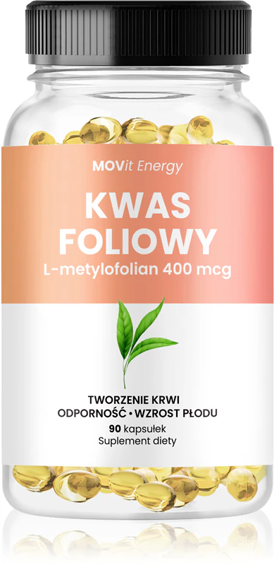 Suplemento alimentar Movit Energy Ácido Fólico L-metilfolato 400 mcg, cápsulas de ácido fólico.