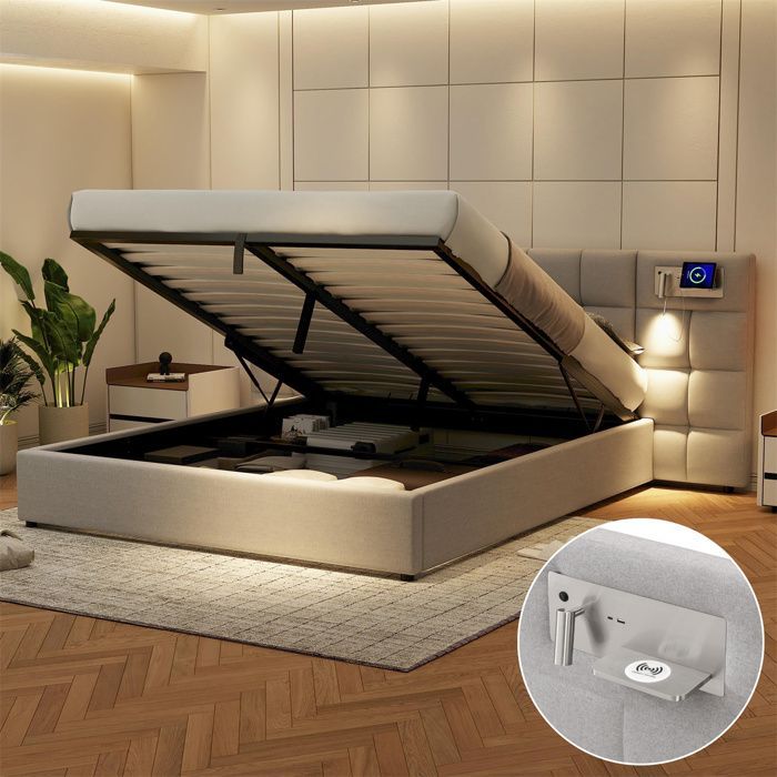 Cama de 180x200 con base de láminas y puerto USB, cama king size para 2 personas con almacenamiento, lámpara de lectura, cabecero largo, respaldo alto, lino, gris.