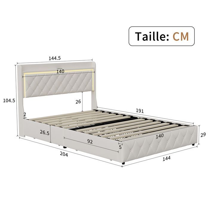 Estructura de cama, WXL, 140x190 cm, con 4 cajones, tela de terciopelo, estructura de cama 140x190 cm, Beige