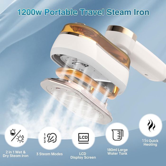 Handheld garment steamer with LCD screen, 15-second heat-up time, 1200W, 180° rotating handle, 3 steam levels, for home use