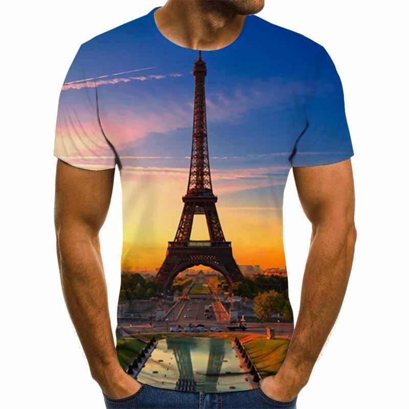 Tall tower buildings 3D digital printing European and American fashion cross border short sleeves