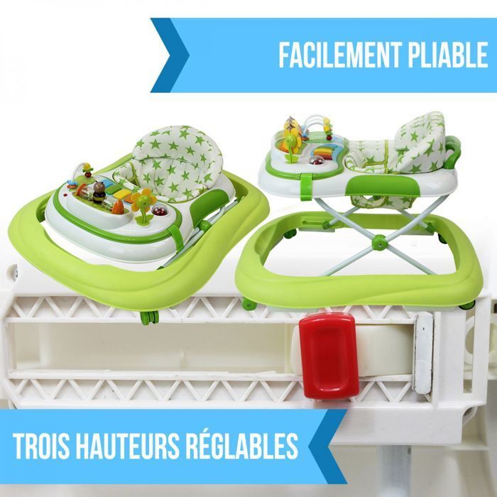 In hoogte verstelbare, opvouwbare, muzikale loopwagen voor baby's - Groen - Monsieur Bébé
