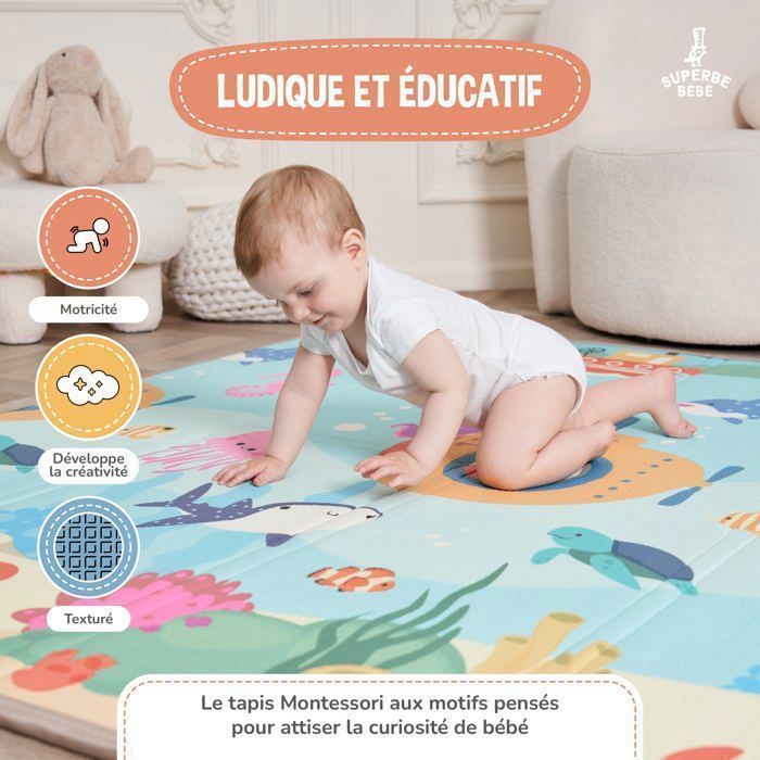 Omkeerbare en waterdichte opvouwbare speelmat - 180x150x1cm | Schuimrubberen speelmat voor kinderen - ZEE | SUPERBE BABE