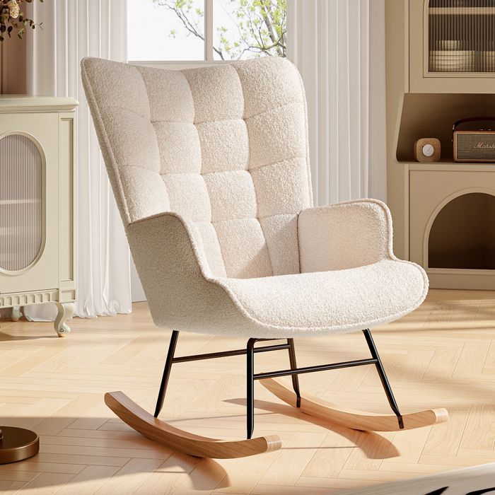 Fauteuil à bascule,Fauteuil de Relaxation avec pieds en hêtre,rocking chair,tissu en teddy fleece,pour salon chambre et balcon,beige