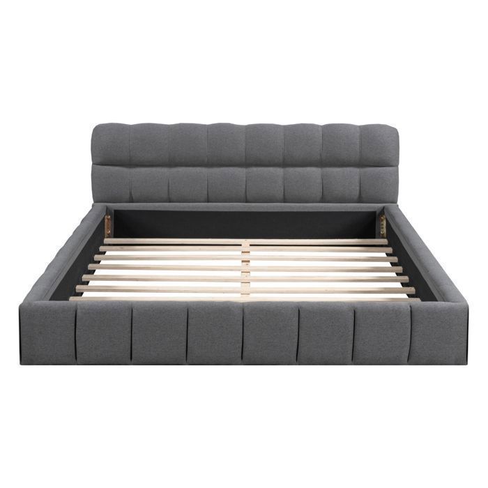 Cama de 160 x 200 cm con cabecero y somier de láminas, cama doble tapizada, cama a ras de suelo, estructura de cama de 160 x 200 cm con somier de láminas, lino, gris