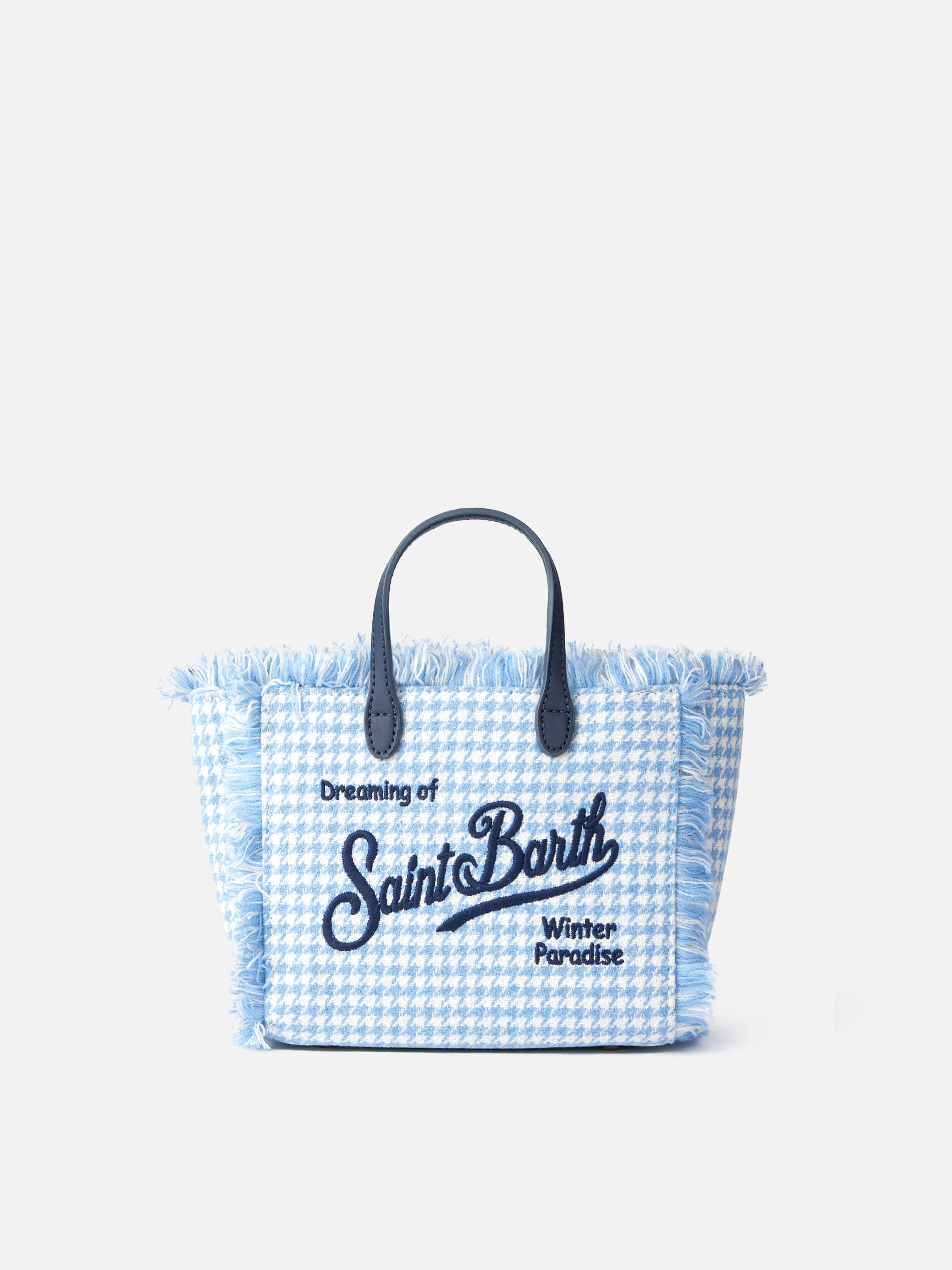 Mini Vanity Wooly Handbag - Shiny Light Blue Pied de Poule Pattern with Zip Pocket & Detachable Shoulder Strap | MC2 Saint Barth