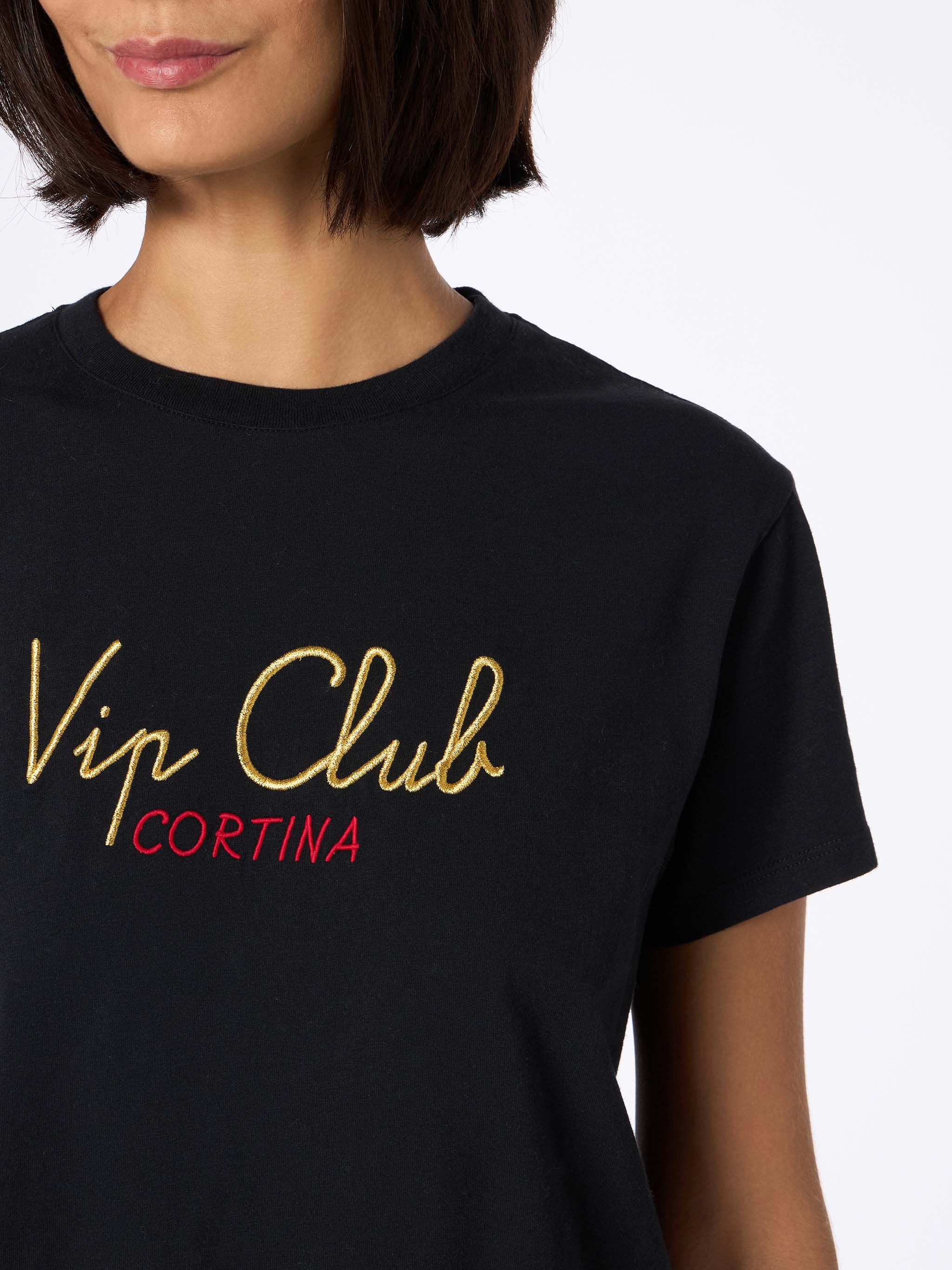 T-shirt nera da donna in cotone pesante Emilie con ricamo Vip Club Cor
