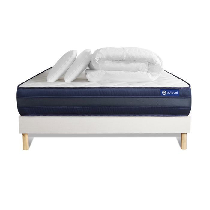 Juego de cama completo 180x200 cm - Colchón + Base de cama blanca (requiere montaje) + 2 almohadas + Edredón - Actimemo Te