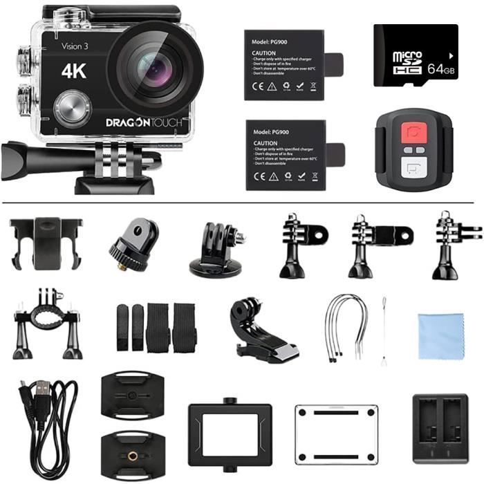 Caméra Sport Dragon Touch Vision 3 Etanche 4K 16 Millions Pixels avec Carte Mémoire Extreme 64Go Noir