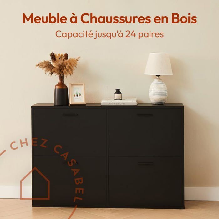 Zapatero CASABEL con 4 puertas abatibles - Zapatero de diseño - Mueble de almacenamiento para pasillo con capacidad para 24 pares - Negro