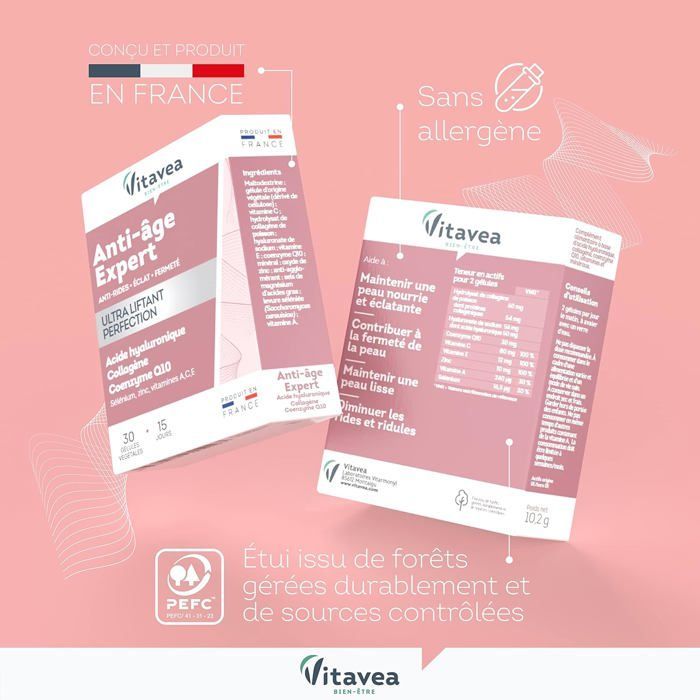 Integratore alimentare anti-invecchiamento - WOODOURS - Vitavea - Acido ialuronico - Collagene - Coenzima Q10