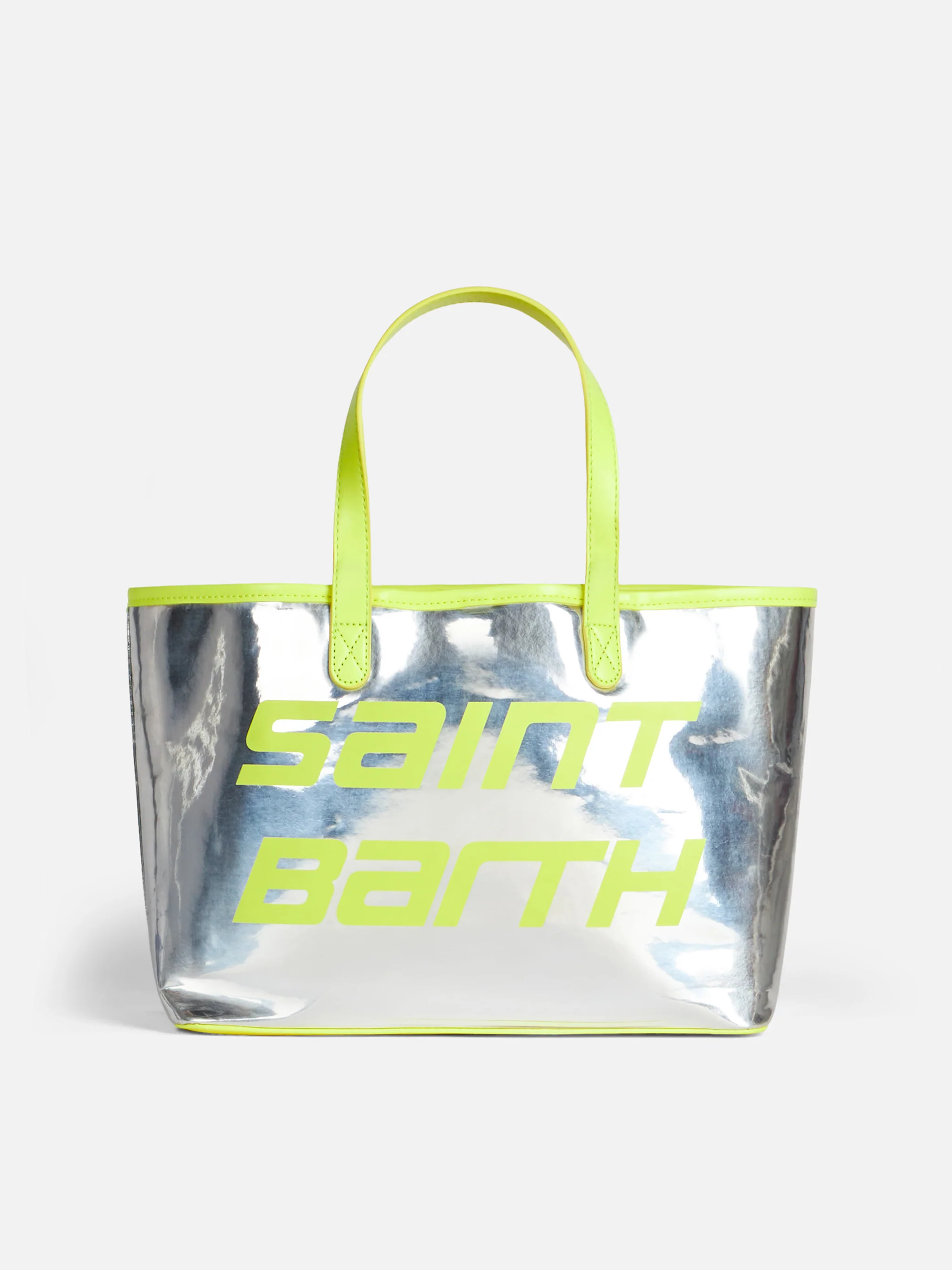 Zilverkleurige reflecterende tas met fluorescerend gele details.