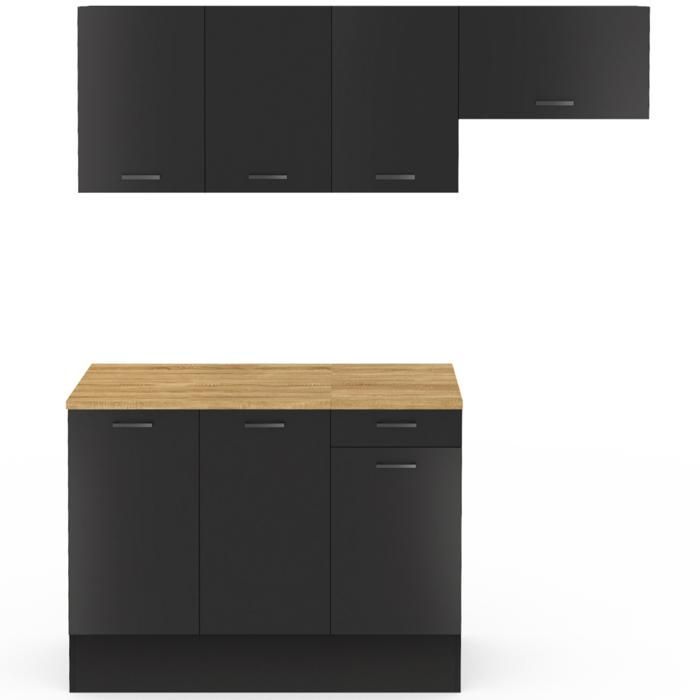 Cocina completa IDMARKET SUBTIL de 180 cm con encimera negra de 5 pulgadas y estantes de madera.