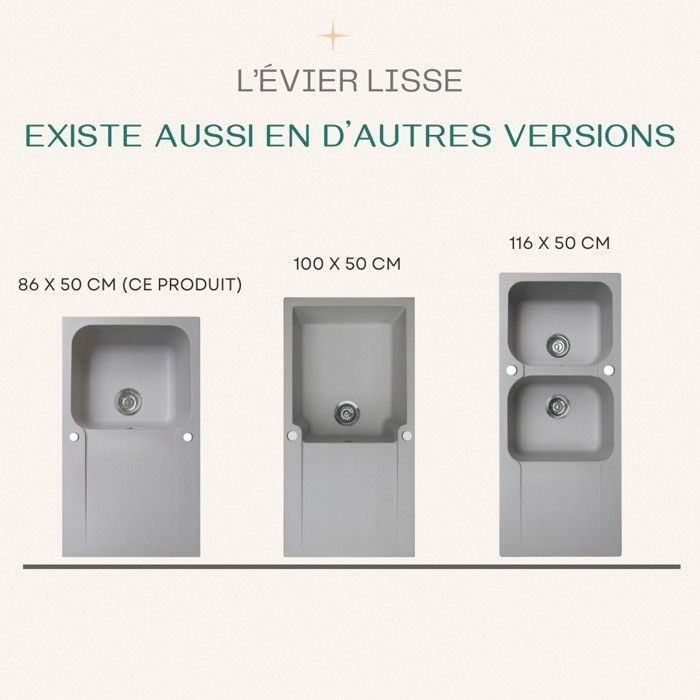 Lavabo liscio reversibile con 1 vasca e 1 gocciolatoio in resina - Grigio - Essebagno