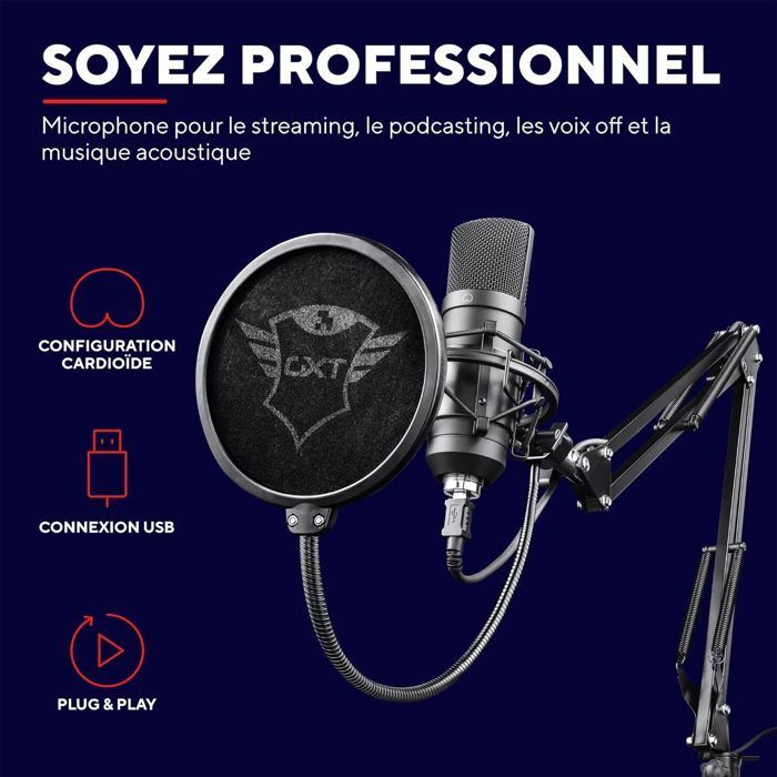 Micrófono USB cardioide Trust Gaming GXT 252+ Emita Plus con brazo para micrófono, ideal para podcasting, streaming y YouTubers – Negro