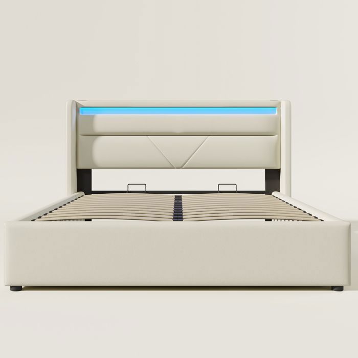 Lit coffre Lit LED Lit 140x190 cm avec sommier  lit lit simple revêtement synthétique blanc avec matelas