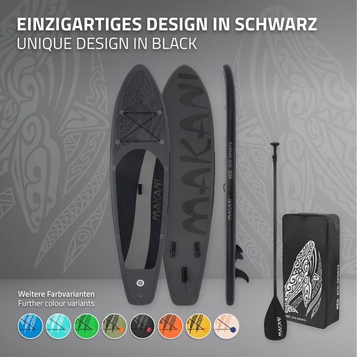 ECD Germany Stand Up Paddle Board Gonflable Makani | 320 x 82 x 15 cm | jusqu'à 150 kg | PVC | Noir | Pompe à Air Pagaie Sac