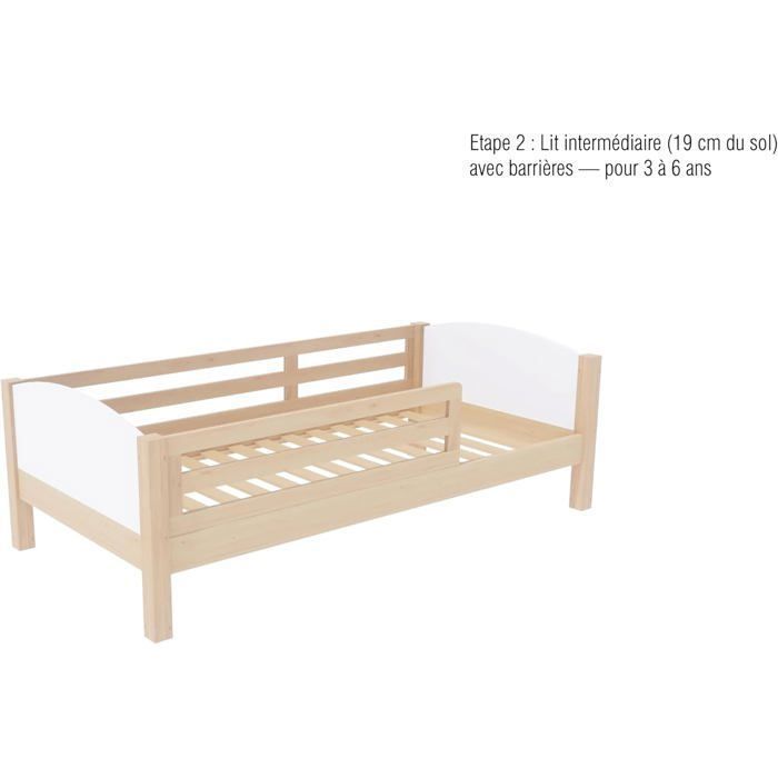 Cama infantil convertible de 90x190 cm - Cama de madera 3 en 1 - Altura del colchón ajustable - Barandillas laterales extraíbles - Inteligente y económica