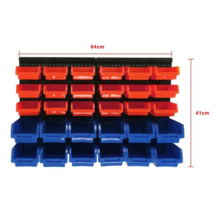 Estante para herramientas con cajas de almacenamiento, 30 contenedores, estante de pared modular y extensible, 64x41cm