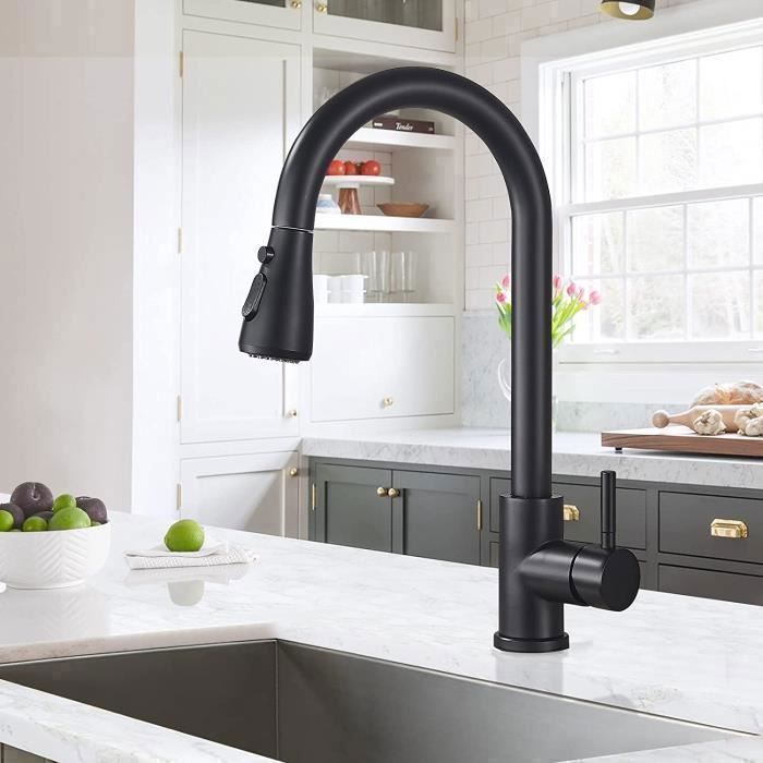 Grifo de cocina negro, con cabezal rociador extraíble y caño giratorio de 360°. Control único para agua fría y caliente.