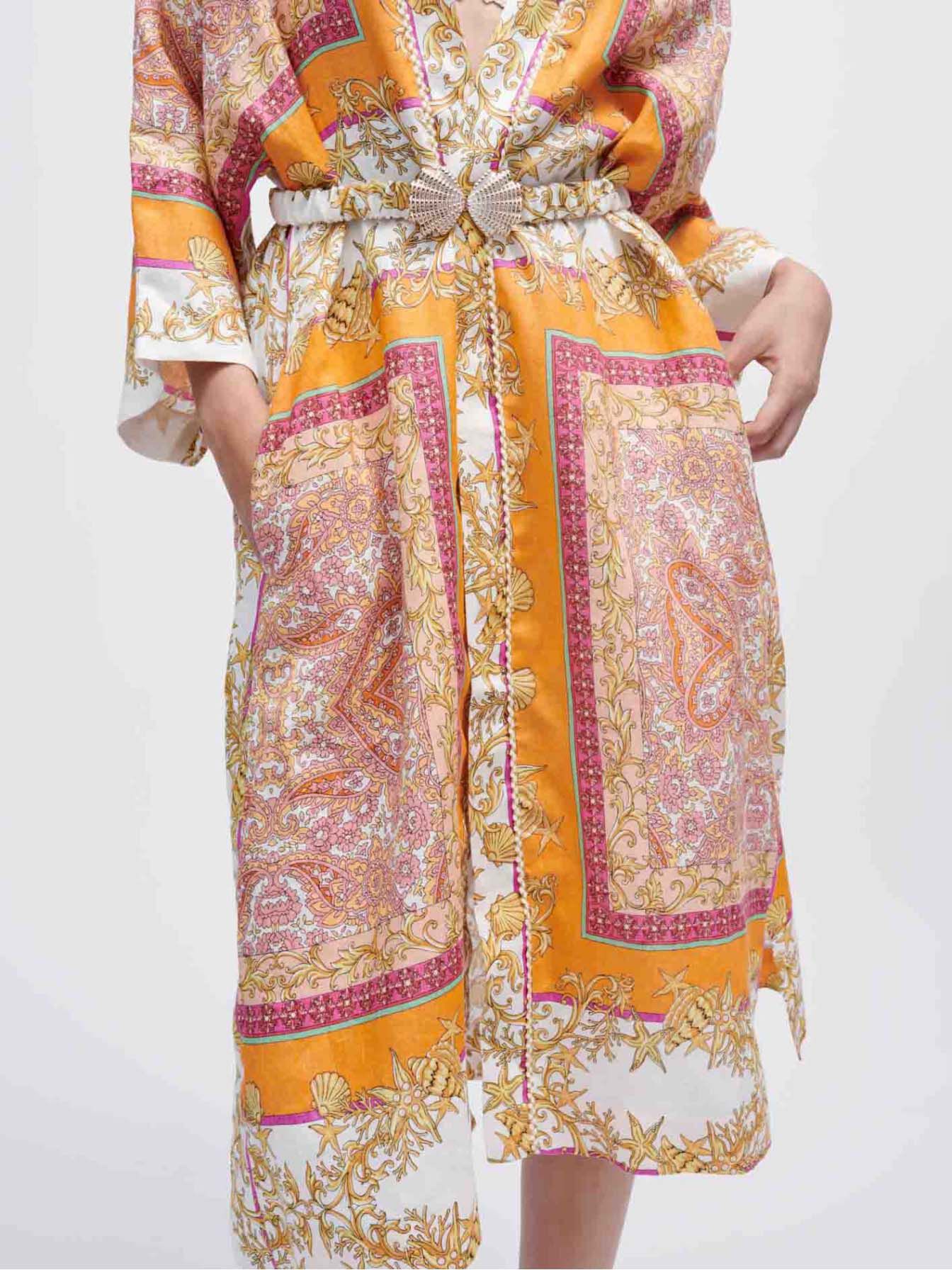 Kimono din in cu eșarfă imprimată - Foulard Coquillage