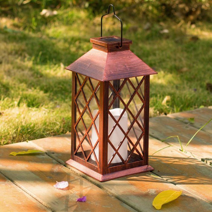 Farol solar colgante para jardín - LED sin llama parpadeante - Farol Mission para mesa, uso exterior, fiestas, etc.