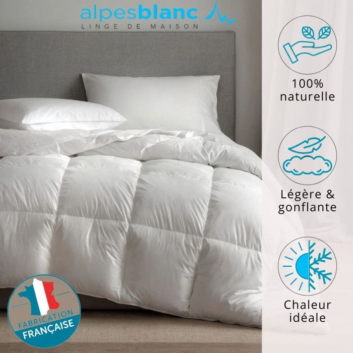 ALPES BLANC - Couette Naturelle Tempérée 90% Duvet – 220g/m² - Fabrication Française- Légère et gonflante  240x280 cm