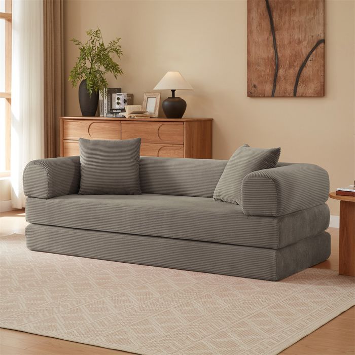 DRIPEX 2-in-1 Klappbettsofa in grauem Cord, modulares, faltbares 2-Sitzer-Tatami-Sofa für Wohnzimmer und Schlafzimmer, L 195 cm
