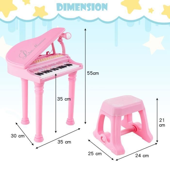 Piano infantil COSTWAY de 31 teclas con taburete, micrófono, 3 modos de enseñanza, luz LED, reproductor de MP3, 4 estilos musicales, 22 canciones, color rosa.