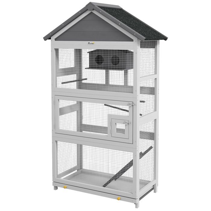 Cage à oiseaux en bois cage perroquet aire de jeux toit asphalte imperméable 92 x 52 x 171 cm gris