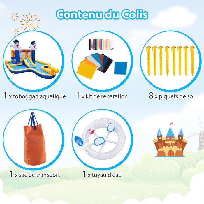 Château Gonflable 7 en 1 Enfants DREAMADE avec Toboggan, Trampoline, Piscine Jeu de Boxe, Canon à Eau, 3 - 10 Ans