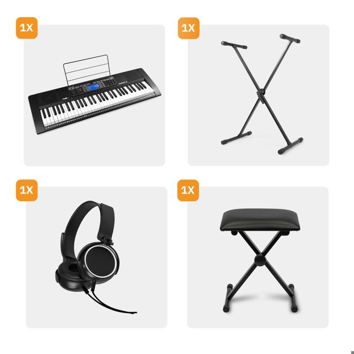 Max Rhapsody61 – 61-Tasten-Elektronik-Komplettset für Einsteiger – mit Bank, Ständer, Mikrofon und Kopfhörern