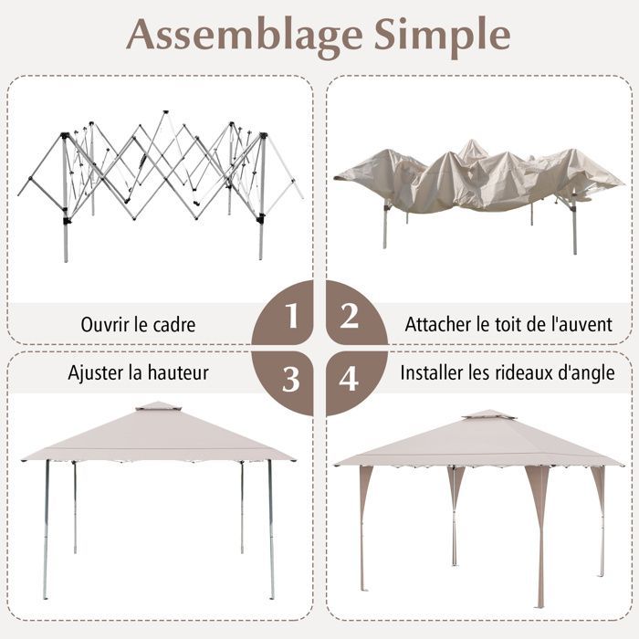 Tonnelle de Jardin Pop-up Toit Aéré 395X395CM-COSTWAY-3 Hauteurs Réglables -Tente Réception pour Fête BBQ- Sac de Transport Kaki