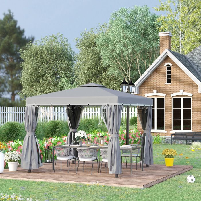 Garden gazebo - Outsunny - 3 x 3 m - gazebo with double roof, curtains and mosquito net - aluminium frame - dark grey
