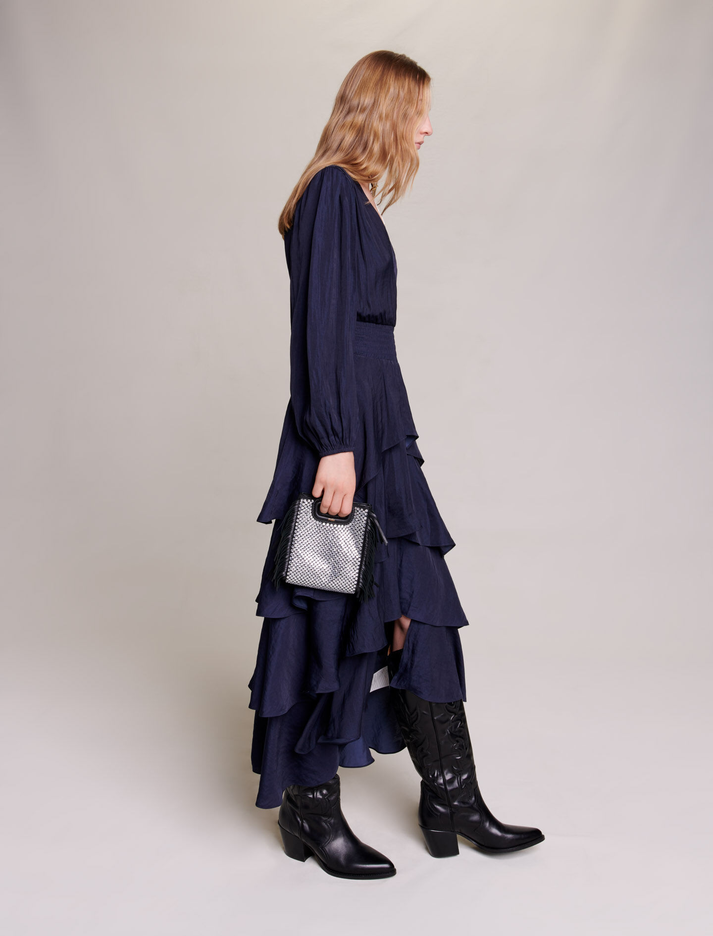 Rochie lungă cu volane - Bleumarin