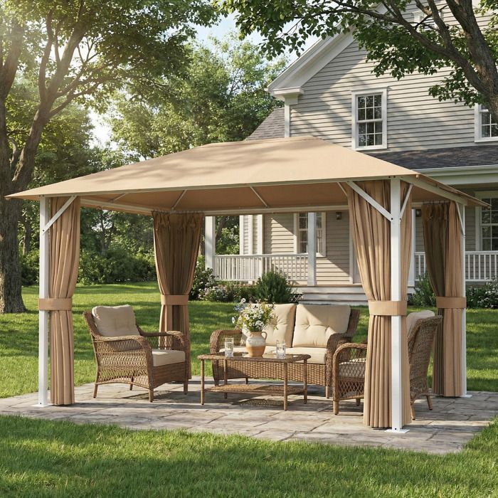 Tonnelle de jardin - pavillon - structure stable en métal 60mm UV50+ et 10 trous de drainage - polyester - 394x294x255cm - khaki