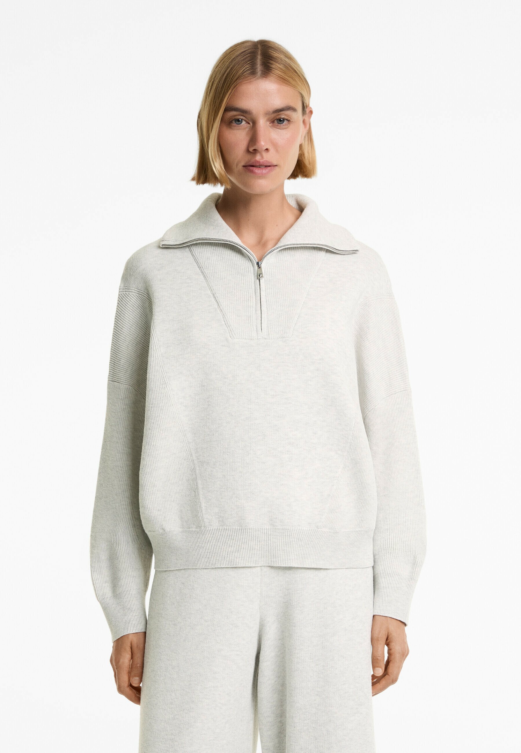 OYSHO RIB KNIT HALF-ZIP - Pulóver - világos szürke foltos