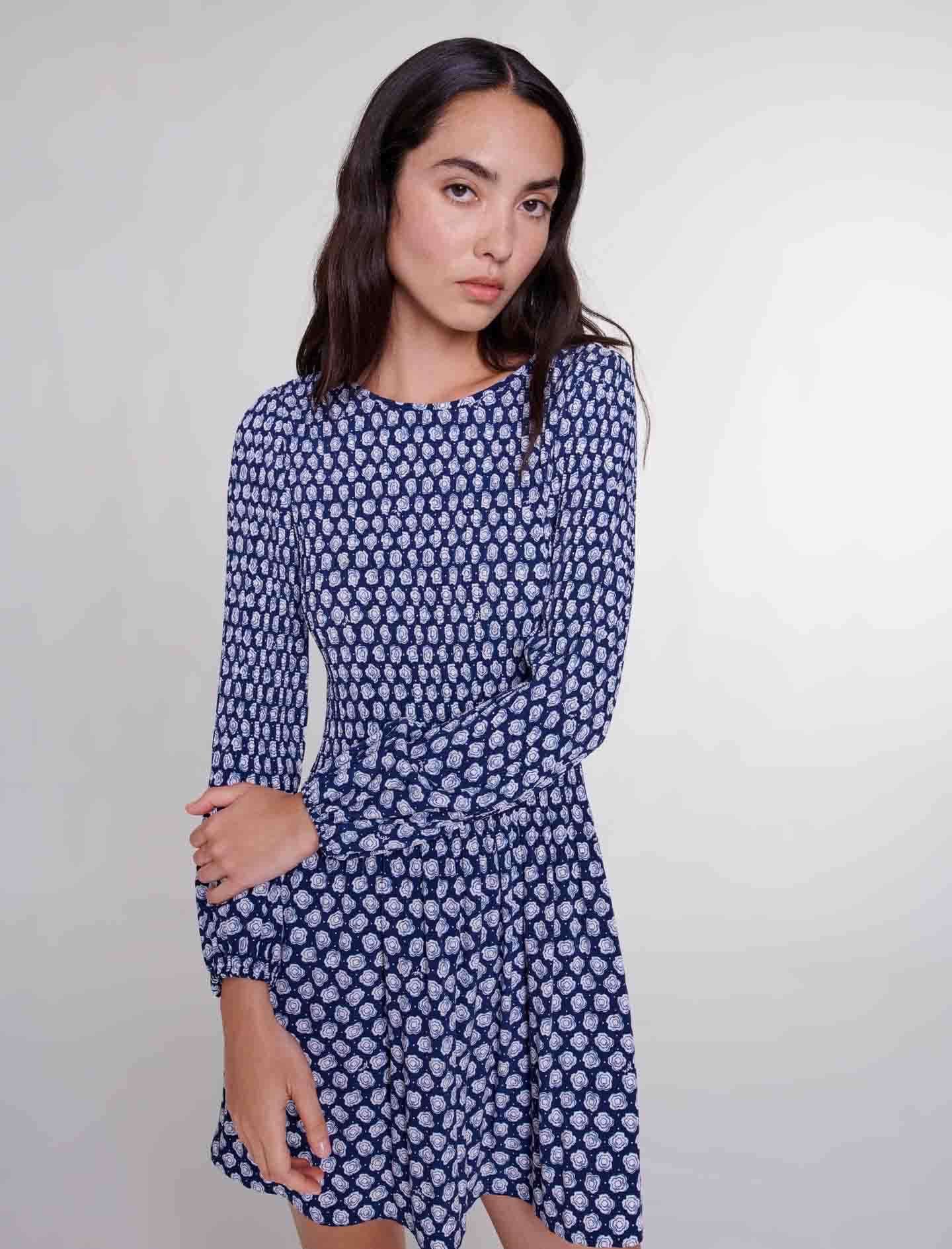 Rochie scurtă cu imprimeu floral - Clover bleumarin/ecru