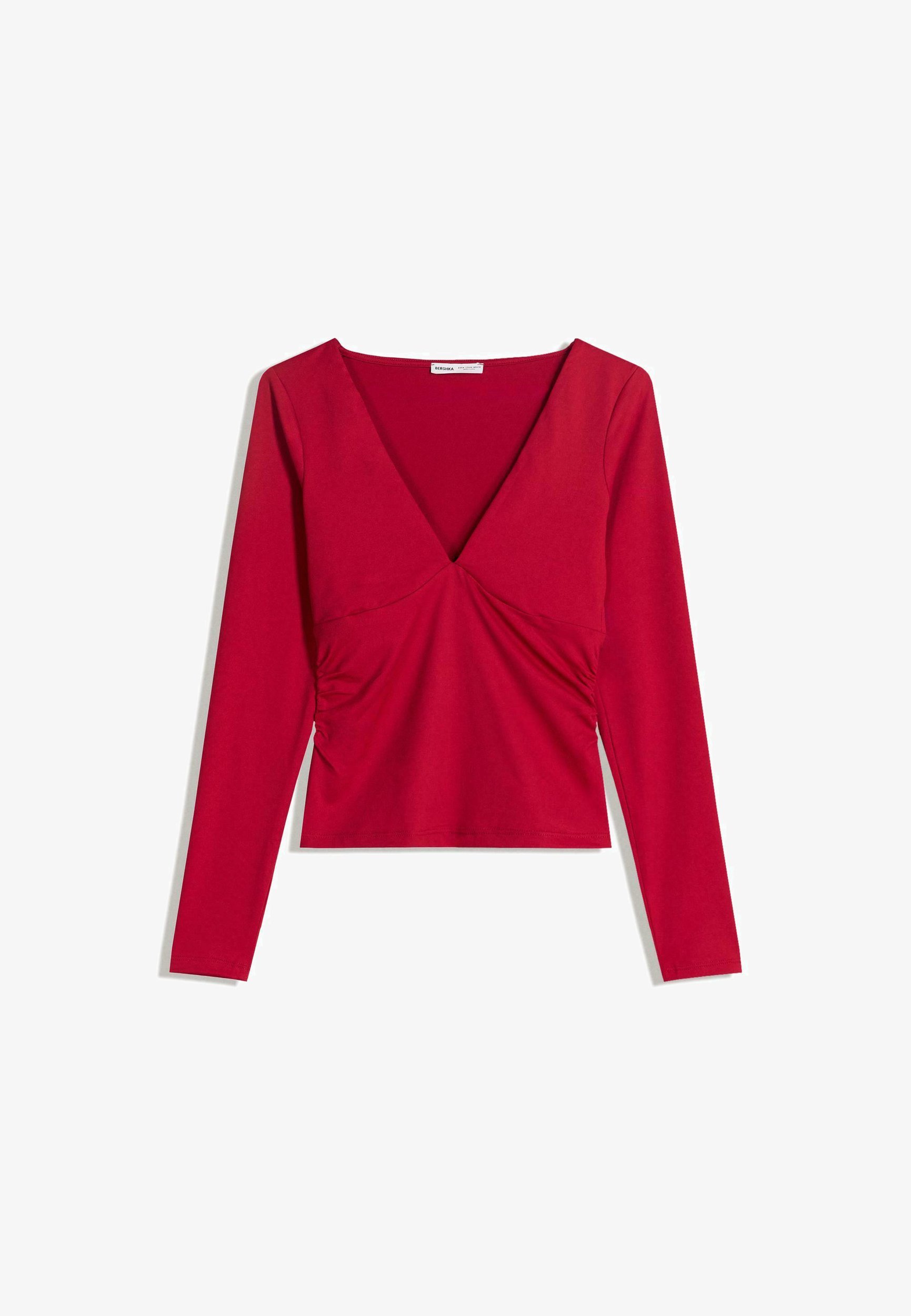 Bershka Z NABRANIM DETALJEM - Top z dolgimi rokavi - rdeč