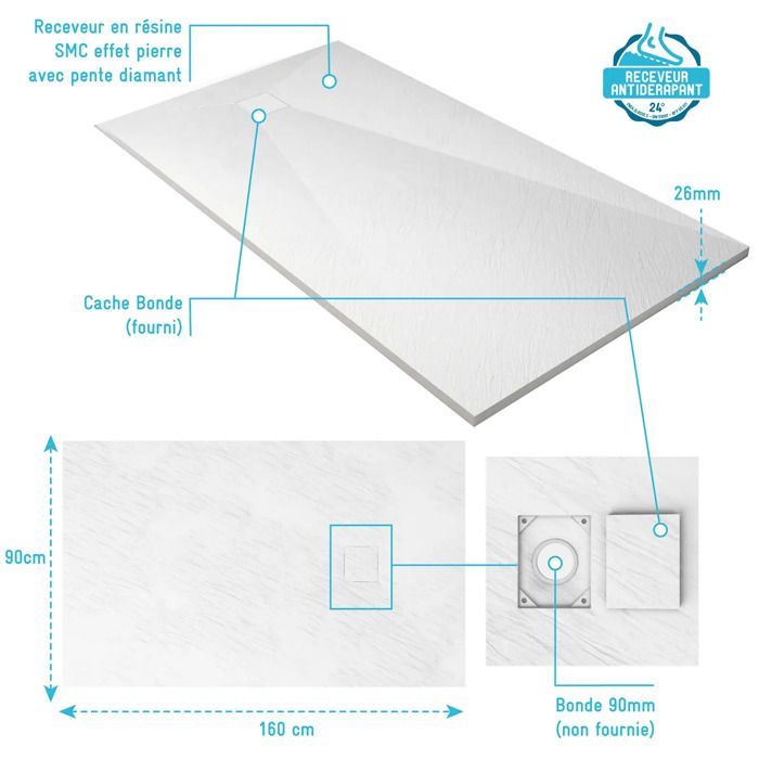Plato de ducha SMC de 90x160x2,6 cm, acabado pizarra - Blanco mate - ROCK 2 WHITE