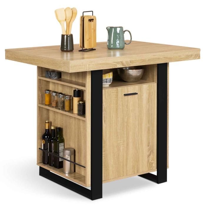 IDMARKET Ilot central PHOENIX 110 cm bois et noir avec rangements
