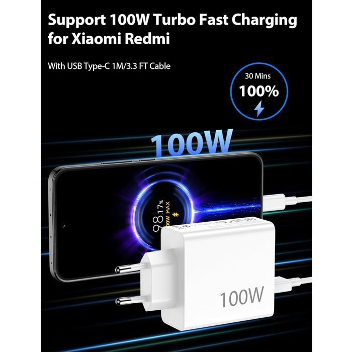 100W Chargeur Rapide pour Xiaomi 15T Pro 15 Ultra POCO X7 Pro,Chargeur Turbo Hypercharge avec 6A Câble USB C 1M pour Redmi