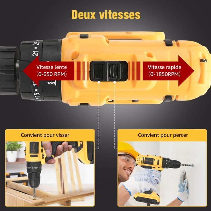 Perceuse visseuse à percussion Sans Fil 21 V - 2 batteries 1500mAh - 108 Accessoires - 25+3 modes - 2 vitesses