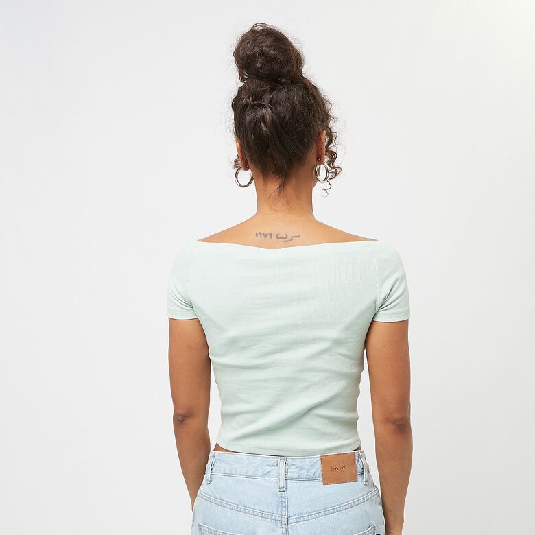 Maglietta a coste da donna in cotone biologico con spalle scoperte