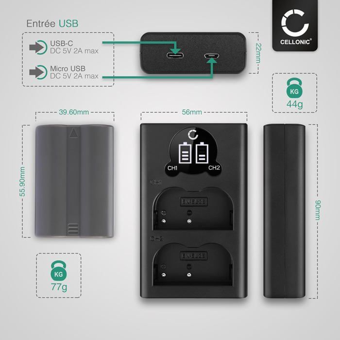 Set di 2 batterie da 1600 mAh e caricabatterie doppio compatibile con Nikon D700 D70s D80 D90 D900 D100 D200 D300 D300S D50 D70 - Batterie ricaricabili