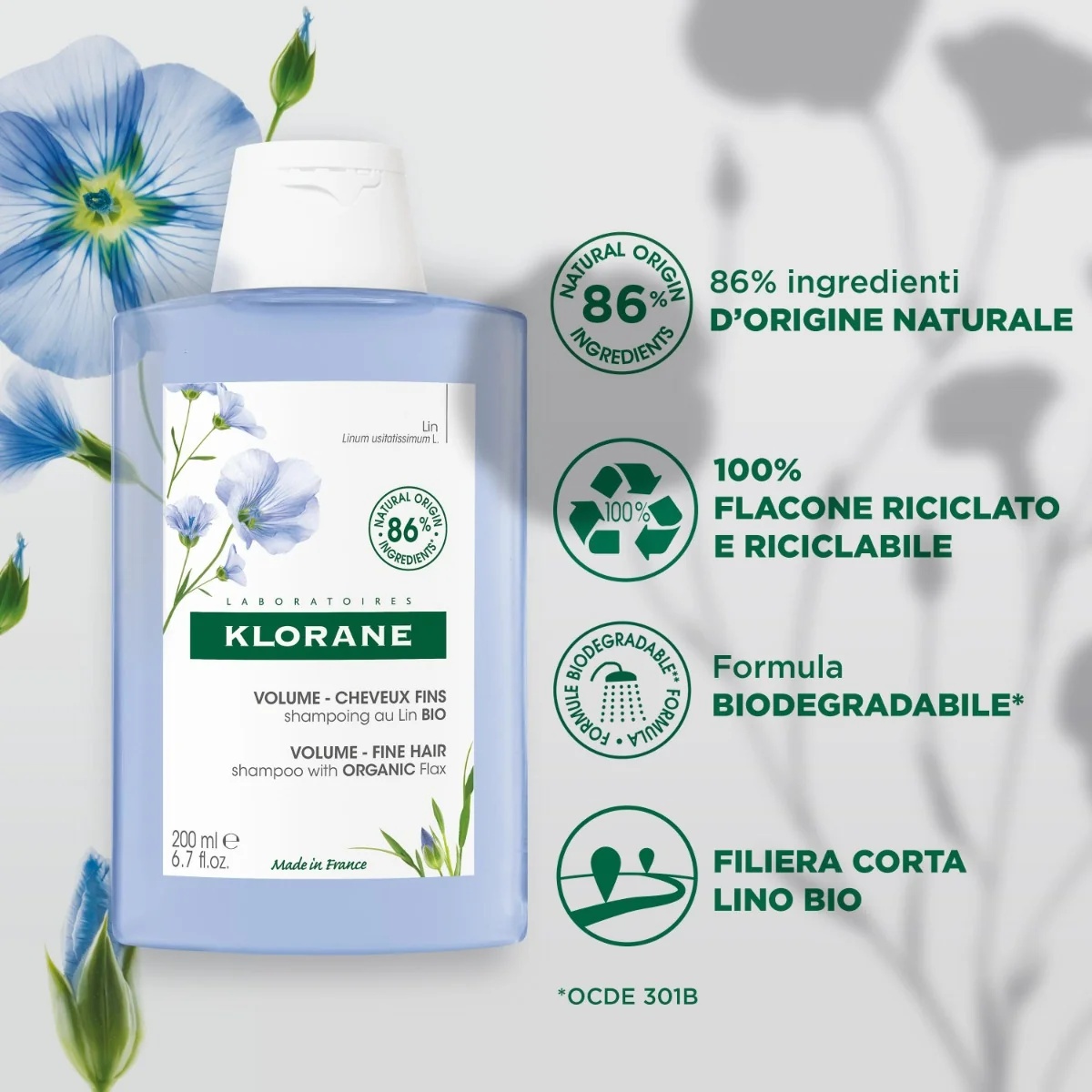 KLORANE Shampoo voor volume met lijnzaadgeur 200 ml voor fijn haar