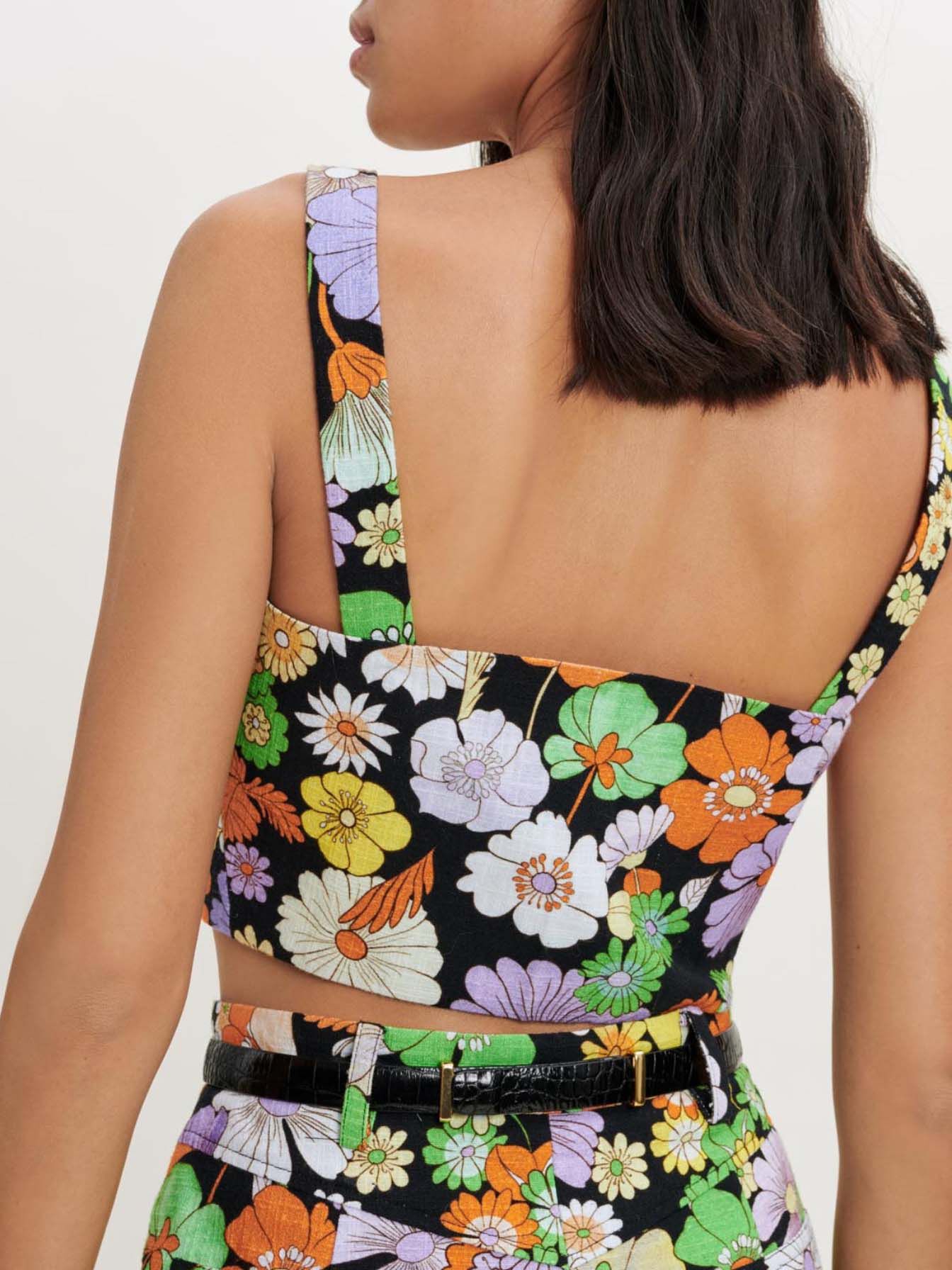 Top scurt cu imprimeu floral - Flower power noir