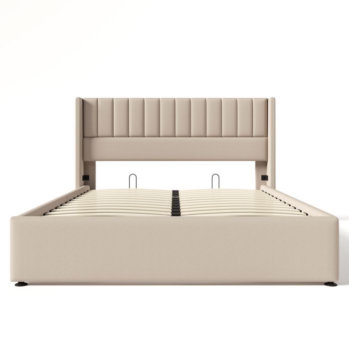 Letto contenitore 160x200cm con testiera e rete a doghe, letto matrimoniale con contenitore, struttura letto 160x200cm con rete a doghe, lino, beige