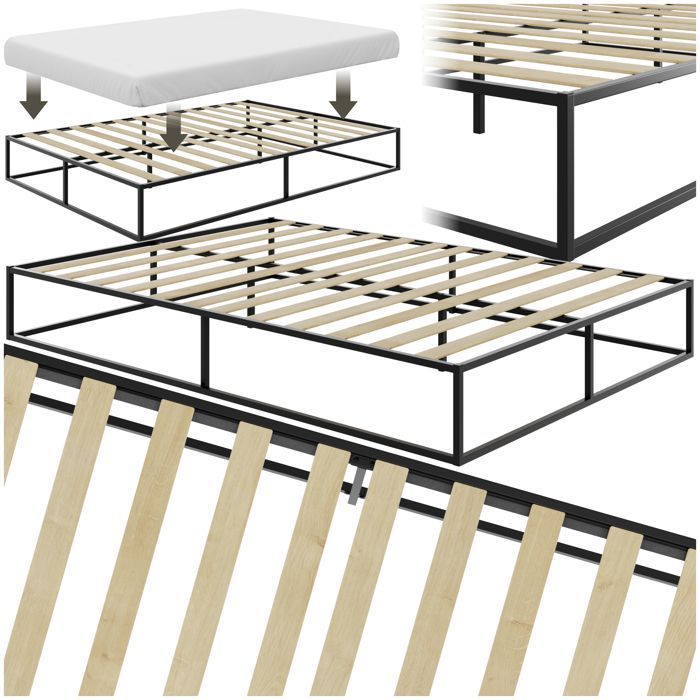 Lit - TECTAKE -  Cadre de lit en acier KYOTO avec sommier à lattes en bois de peuplier - 200 x 140 x 25,5 cm